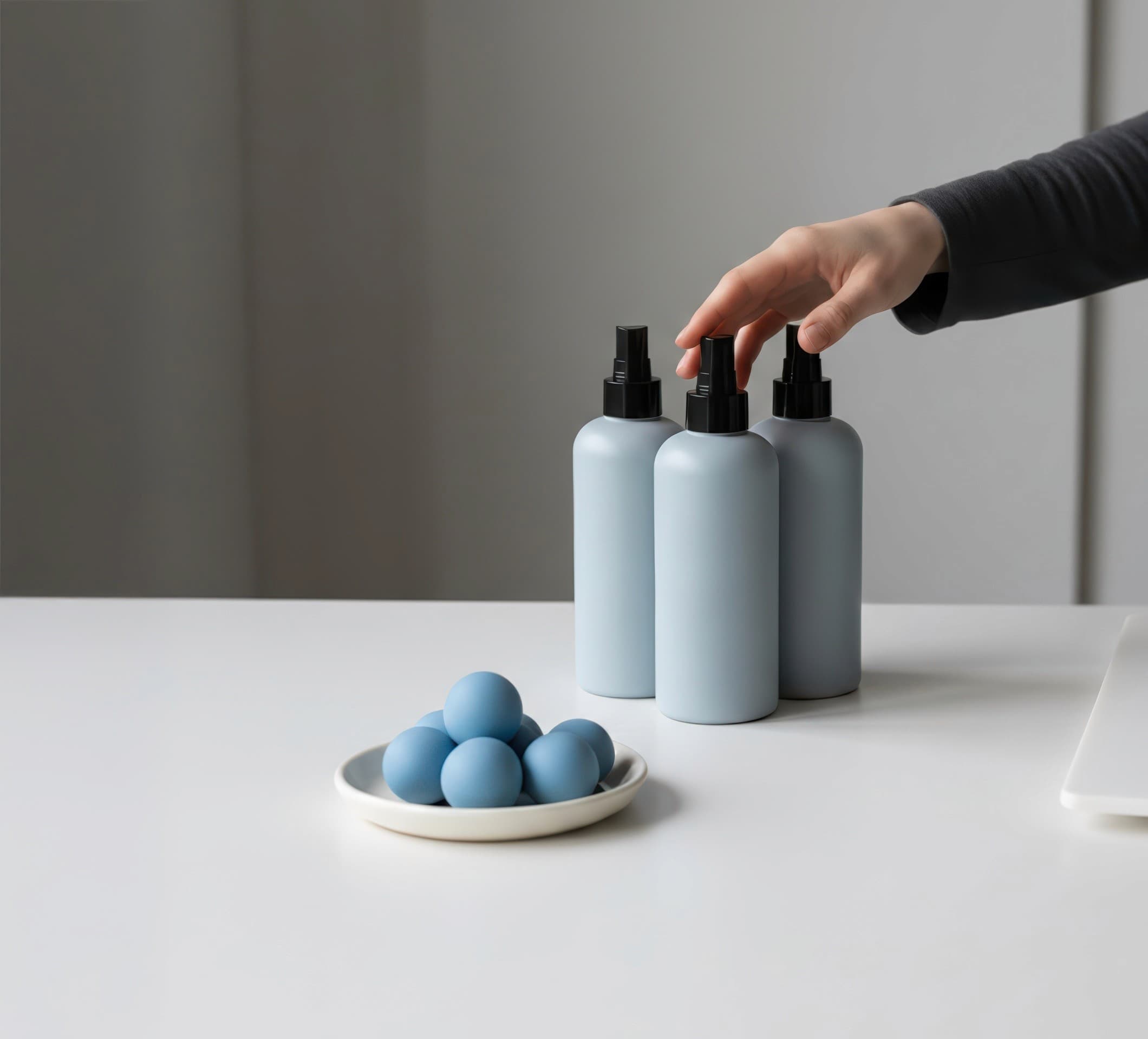Reusable aluminum spray bottles and blue cleaning tablets